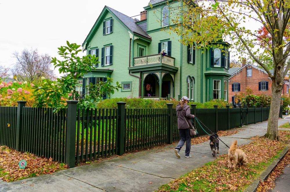 Person walking two dogs on a sidewalk past a large green Victorian house